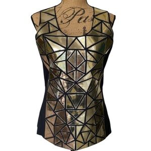 Tory Burch Holographic Mosaic Abstract Black Silver Sleeveless Top Womens Size 6